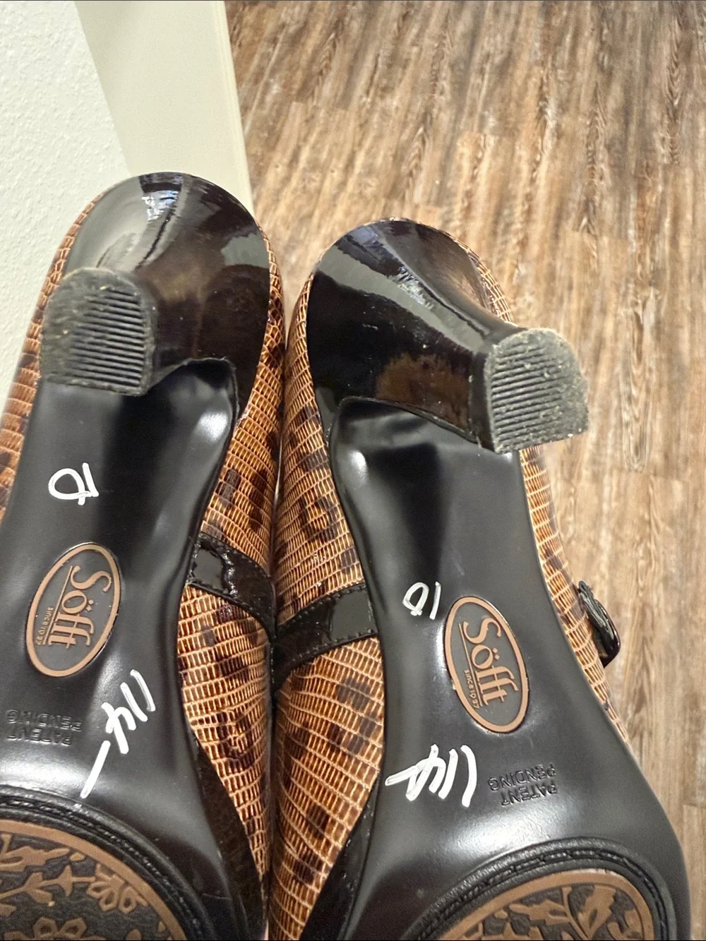 Sofft Brown Leopard Pattern Mary Jane Heels with Black Patent Strap